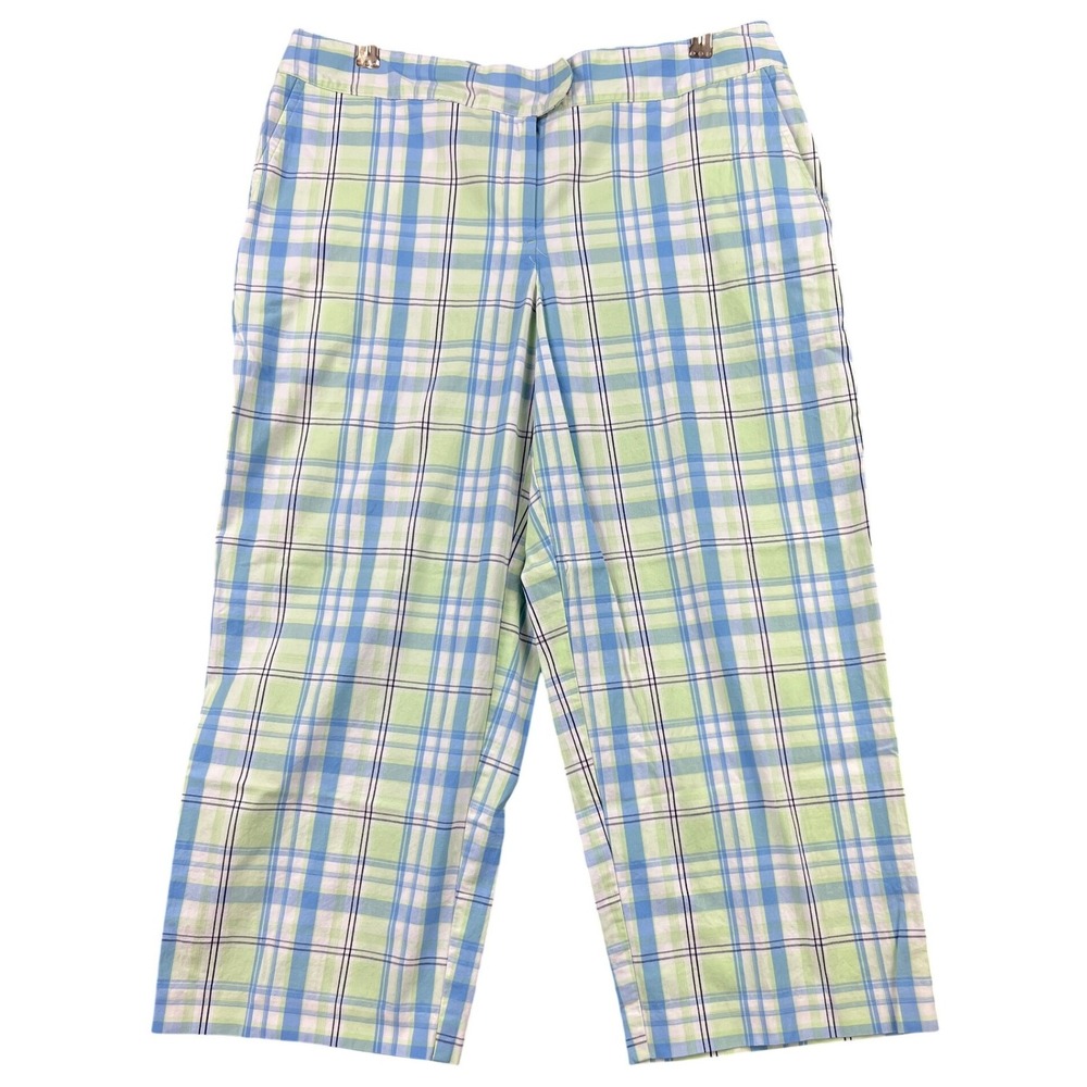 IZOD Golf Plaid Crop Pants Womens 8 Blue Green Excellent Stretch Capri Trousers
